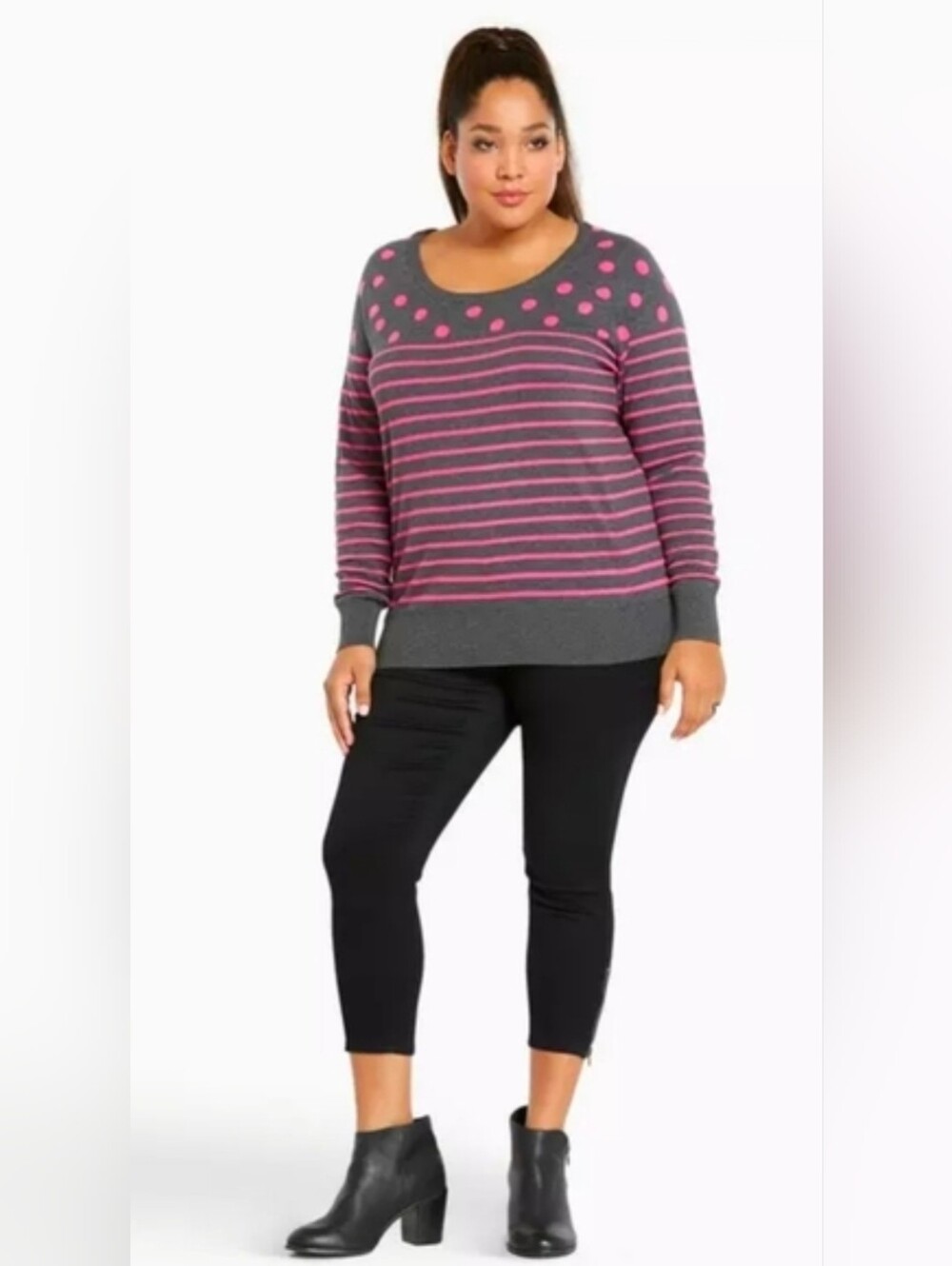 Torrid 1 Gray Sweater with Pink Polka Dots and Stripes By-2509